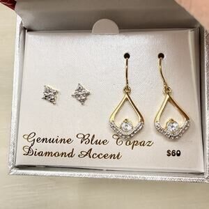 Two Pair PAJ BB China Blue Topaz and Diamond Accent Teardrop Dangle Earrings